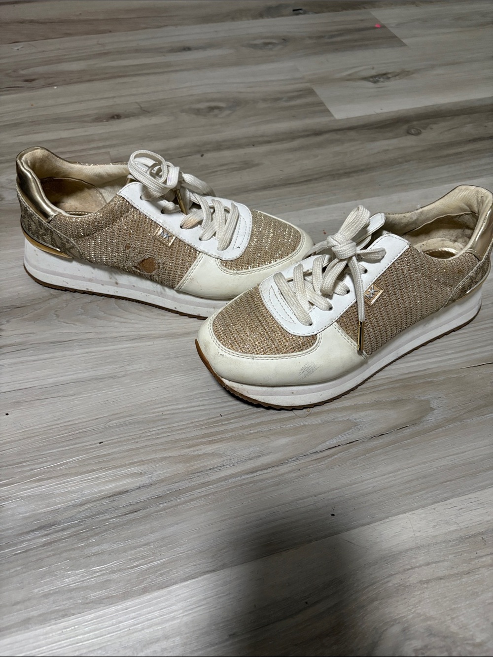 MICHAEL Michael Kors Beige, White & Gold Lace-Up Sneakers